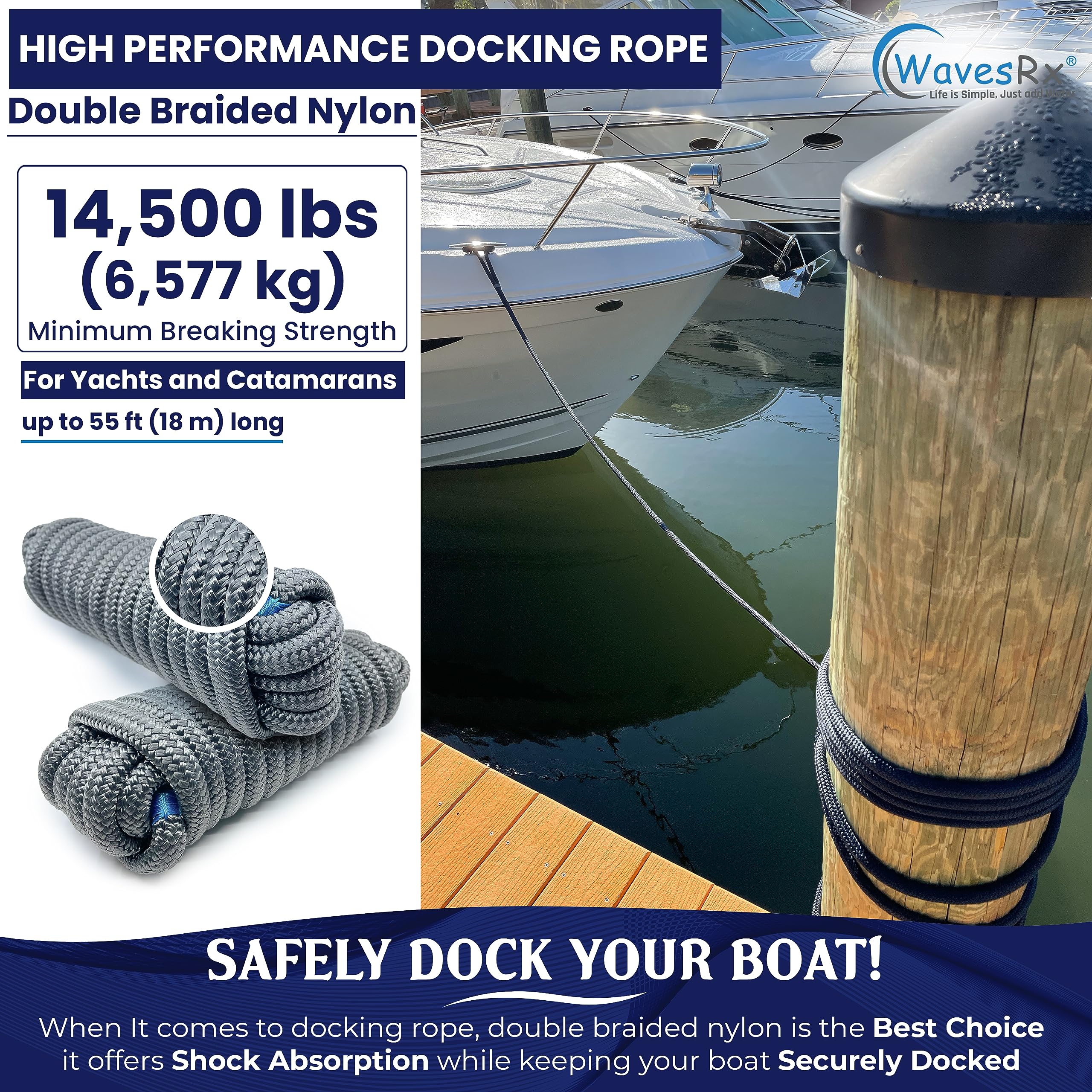  J-FM TWNTHSD Dock Lines: 5/8 x 35' Double Braided Nylon Boat  Dock Lines - Premium Boat Ropes for Secure Docking with 16 Loop - Marine  Grade Boat Rope/Dock Line - Sturdy