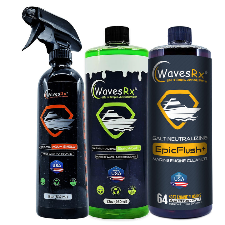 WAVESRX SALT-NEUTRALIZING BOAT SOAP (EPICWASH) + CERAMIC SPRAY (AQUASHIELD) + MARINE ENGINE FLUSH & PROTECTANT (EPICFLUSH) | KEEP YOUR WATERCRAFT CLEAN & CORROSION FREE PROTECT FROM SALTWATER EXPOSURE